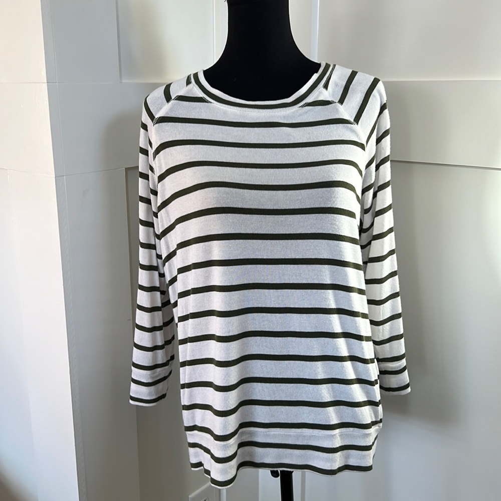 Market & Spruce lightweight army green striped sweater.
